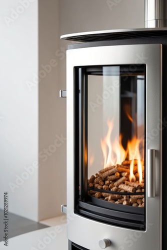 Wood pellet stove showcasing burning pellets through glass window for optimal search relevance.