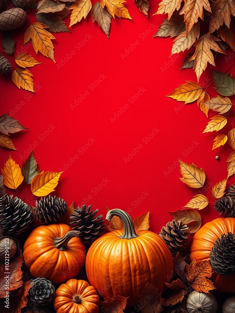 Vibrant autumn border featuring pumpkins leaves and pinecones against a rich red backdrop ideal for fall and thanksgiving themes halloween backdrop