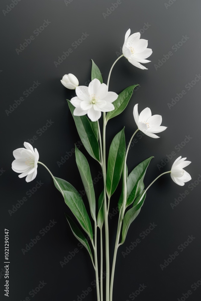 Fototapeta premium White Flowers with Green Leaves on Black Background.