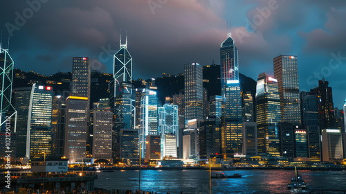 Night in the big city, with illuminated skyscrapers and busy traffic on the streets below.