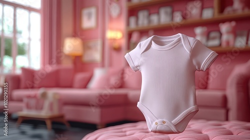 A cute pink baby onesie is displayed against a cozy pink living room backdrop, featuring soft textures and a warm ambiance. photo