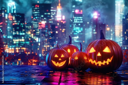 Wallpaper Mural A cityscape at night with skyscrapers and neon lights, glowing pumpkins of various sizes in shades of orange, purple, green, blue, pink, yellow, and black Torontodigital.ca