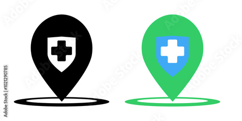 Hospital map pin location icons. Map pin location with red cross icon symbol in line and flat style for apps and websites. GPS, markers on white background. Vector illustration