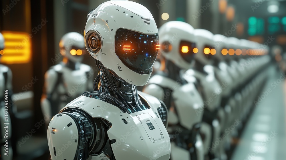 A futuristic line of humanoid robots with glowing eyes, showcasing advanced technology and design in a sleek, modern environment. A futuristic line of humanoid robots with glowing eyes, showcasing advanced technology and design in a sleek, modern environment.