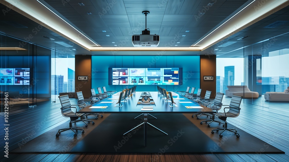 A modern conference room with a sleek, glass-topped table and high-back chairs under soft lightning. A modern conference room with a sleek, glass-topped table and high-back chairs under soft lightning.