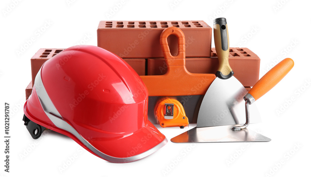 Fototapeta premium Orange hard hat, red bricks, trowel, measuring tape and putty knives isolated on white. Building material and construction tools