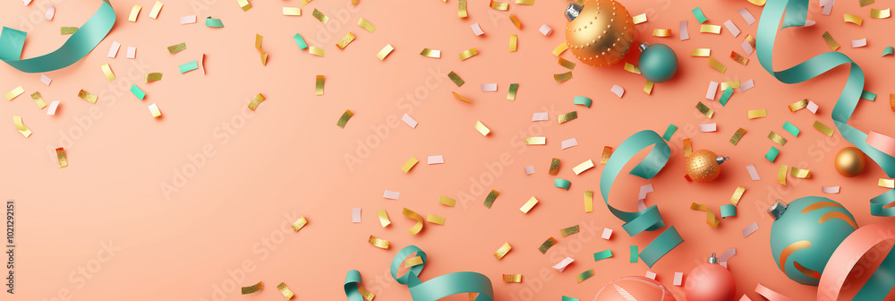 Festive background banner with ornaments, confetti, and ribbons on peach surface Festive background banner with ornaments, confetti, and ribbons on peach surface
