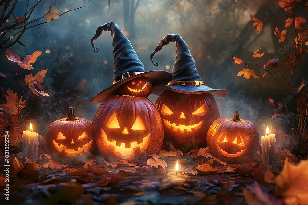 Fototapeta premium Halloween pumpkins with candles, spooky background, Halloween-themed, high-contrast, and warm lighting, photorealistic