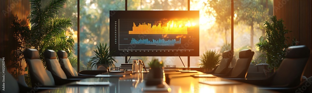 A modern conference room with a large screen displaying data visuals, illuminated by sunlight streaming through large windows. A modern conference room with a large screen displaying data visuals, illuminated by sunlight streaming through large windows.