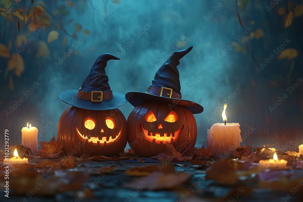 Fototapeta premium Halloween pumpkins with candles, spooky background, Halloween-themed, high-contrast, and warm lighting, photorealistic