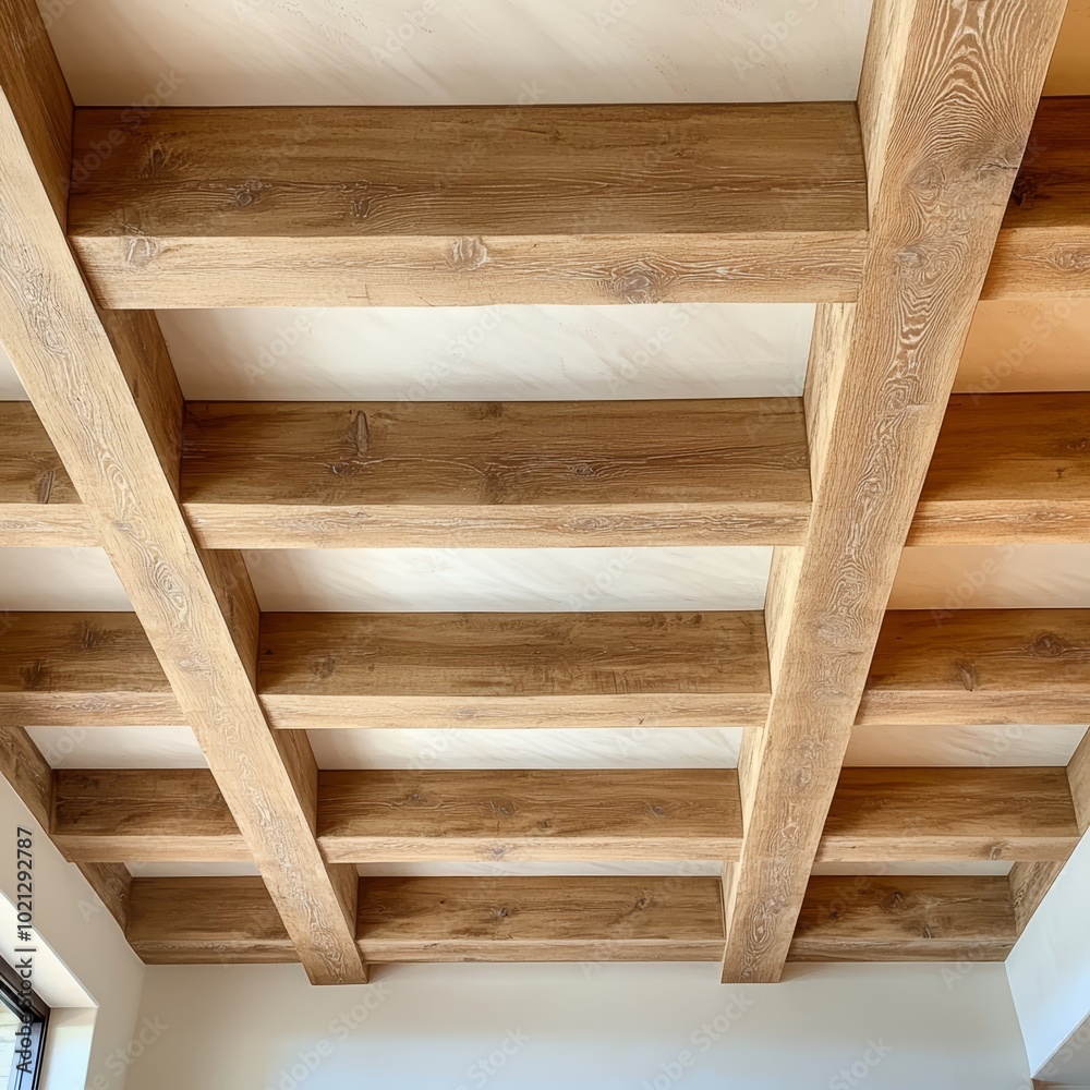 View of wooden ceiling beams in a modern interior design setting. View of wooden ceiling beams in a modern interior design setting.