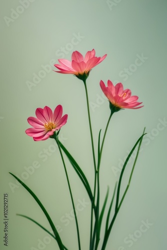 Three Colorful Flowers on Green Background.