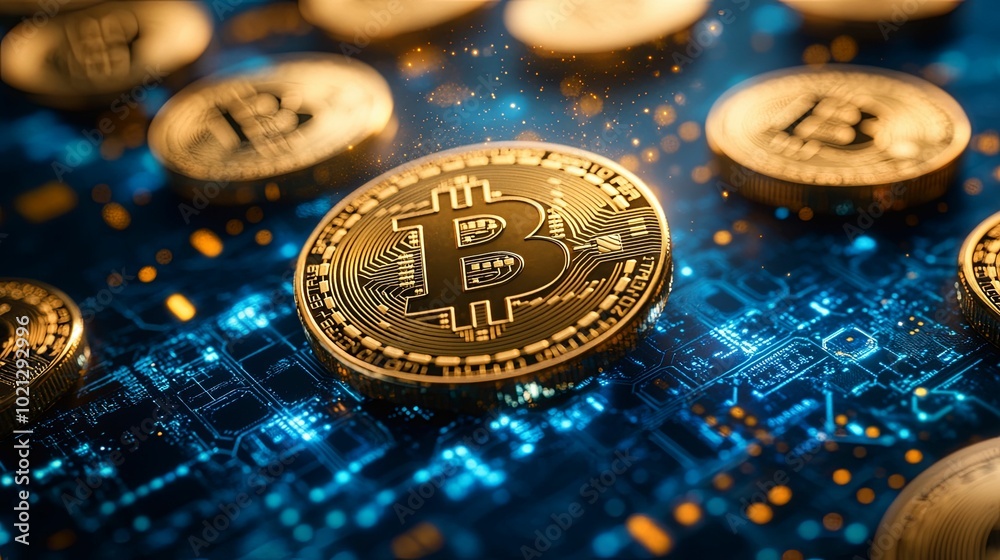 Golden Bitcoin Cryptocurrency on a Circuit Board Golden Bitcoin Cryptocurrency on a Circuit Board