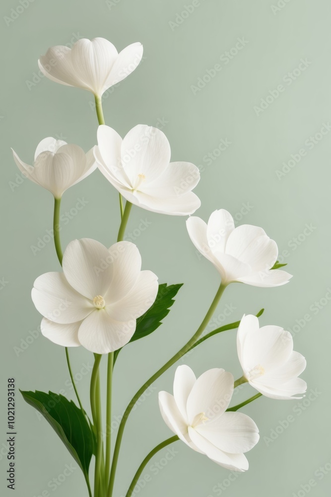Obraz premium White Flowers and Green Leaves on a Pastel Green Background.