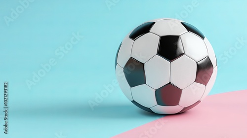 A classic black and white leather soccer ball is isolated on a blue-pink background. The image is rendered in 3D and is high resolution, leaving ample empty space for text or design elements. 