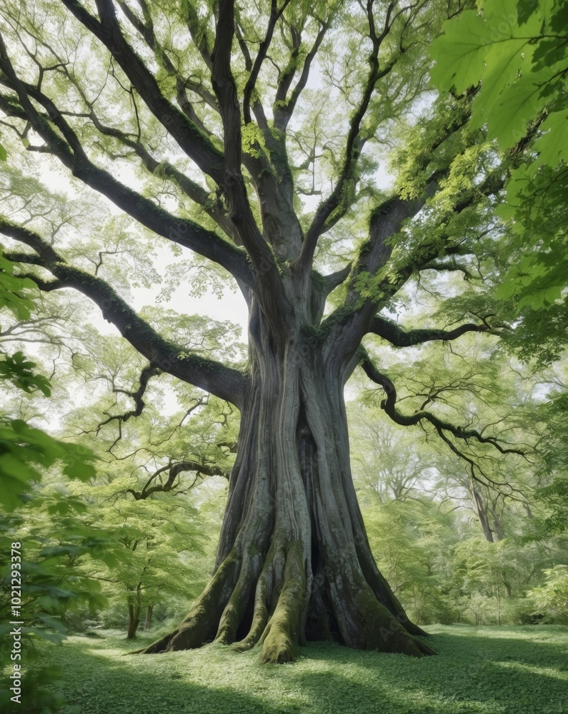 Lush green forest brimming with leaves and a massive tree trunk. Lush green forest brimming with leaves and a massive tree trunk.
