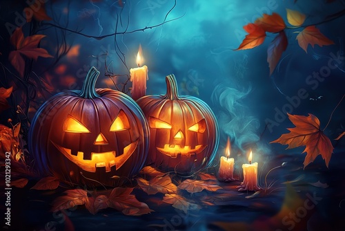 Halloween pumpkins with candles, spooky background, Halloween-themed, high-contrast, and warm lighting, photorealistic