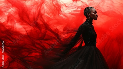 Wallpaper Mural A Woman in a Black Dress with Red Tulle Fabric Flowing Around Her Torontodigital.ca