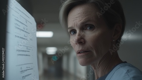 Woman Doctor in Hospital Setting with Concerned Expression