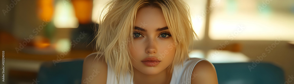 Obraz premium Close-up Portrait of a Blonde Woman with Blue Eyes Looking Directly at the Camera in a Casual Setting