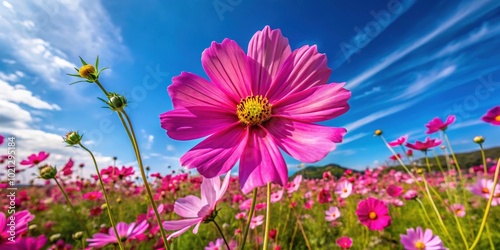 A gorgeous pink cosmos flower blossoms in a garden under a bright blue sky, making it a perfect subject for nature and floral photography fans.