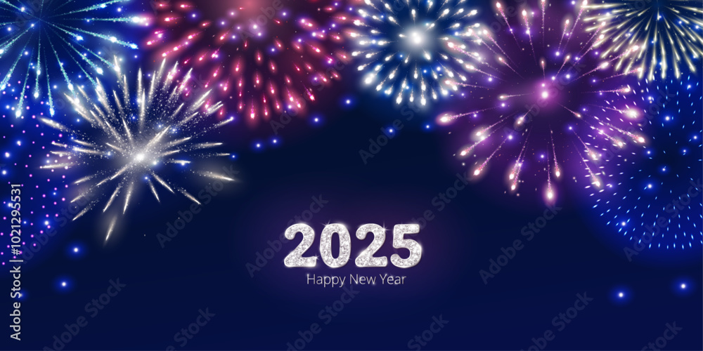 Happy New Year background. 2025 white glitter numbers. Night sky with ...