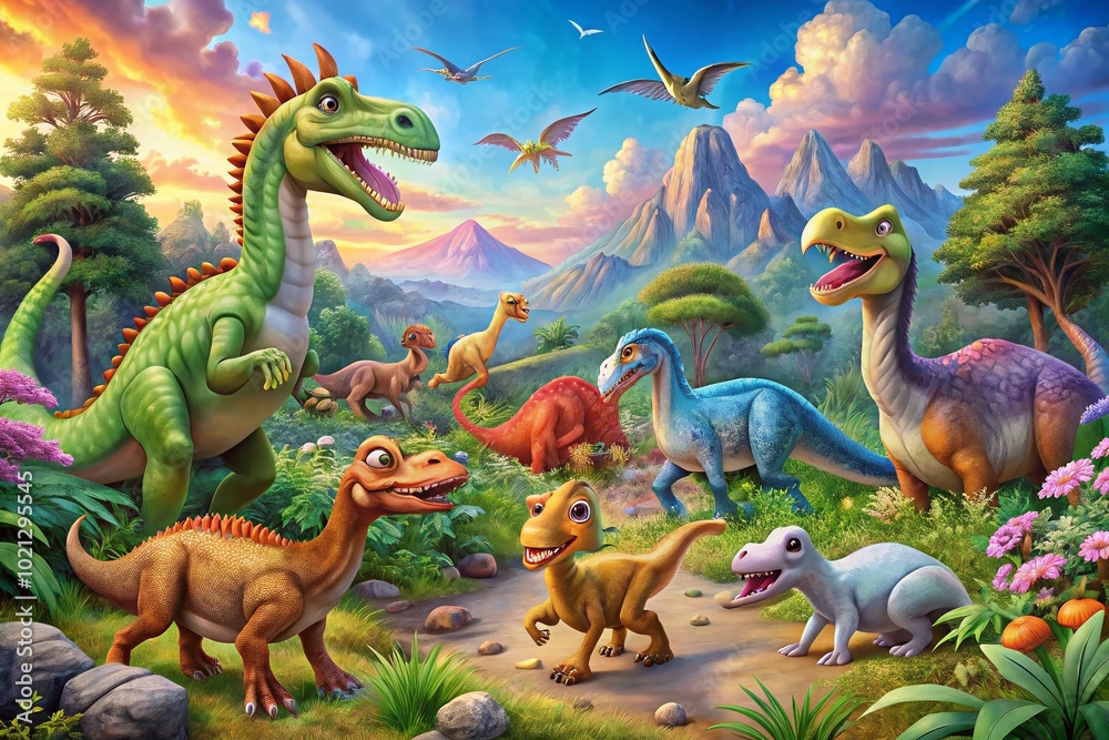 Fototapeta premium Colorful Cartoon Dinosaurs in a Fun Prehistoric Landscape for Kids' Educational Materials and Decor