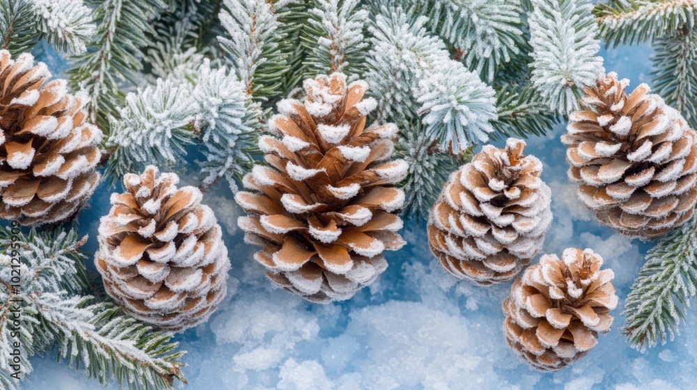 Frost-covered pine cones nestled in evergreen branches, with an icy blue background capturing the essence of winter holiday beauty.