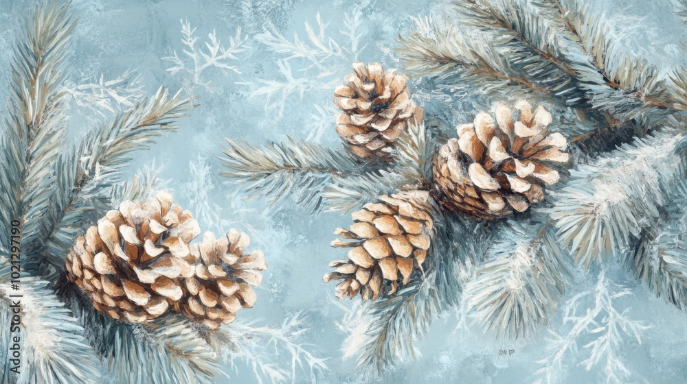 Frost-touched pine cones on rich evergreen branches, set against a cool icy blue background for holiday decor and winter scenes. Frost-touched pine cones on rich evergreen branches, set against a cool icy blue background for holiday decor and winter scenes.