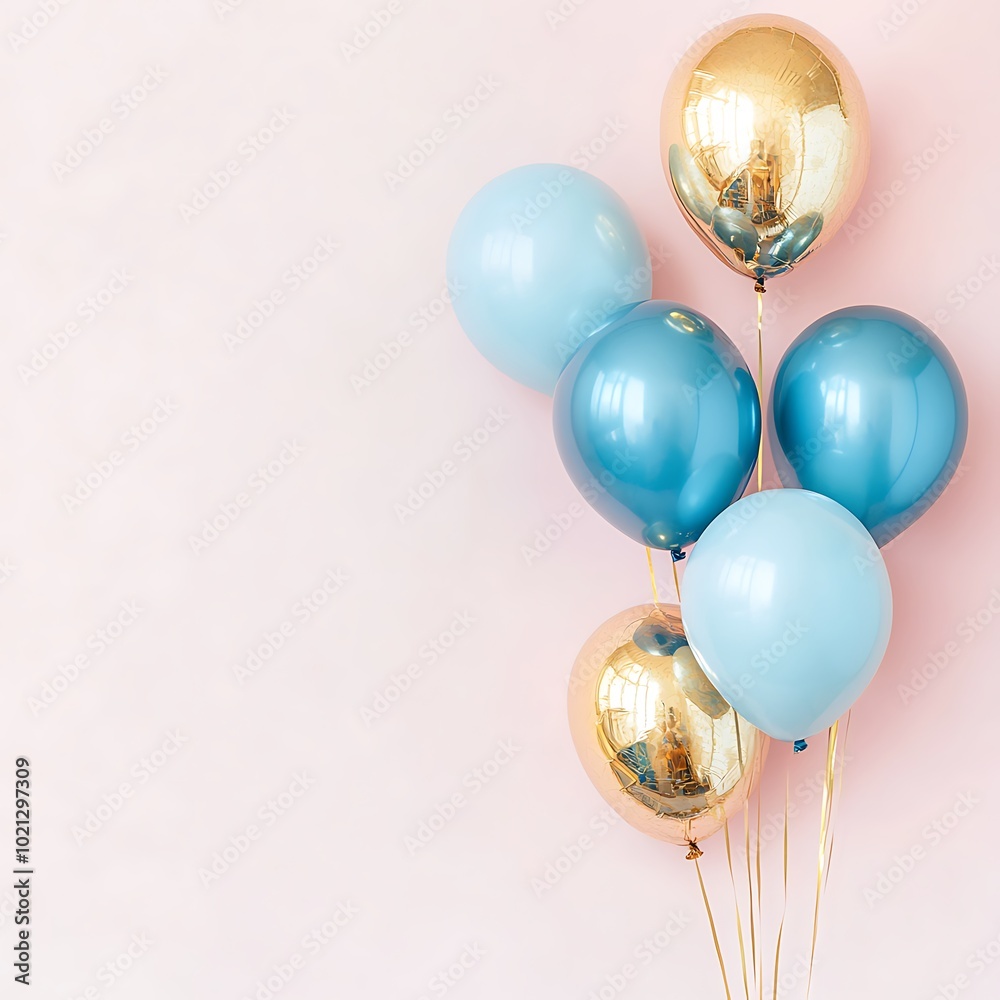 A cluster of blue and gold balloons against a soft pink background, perfect for celebrations. A cluster of blue and gold balloons against a soft pink background, perfect for celebrations.