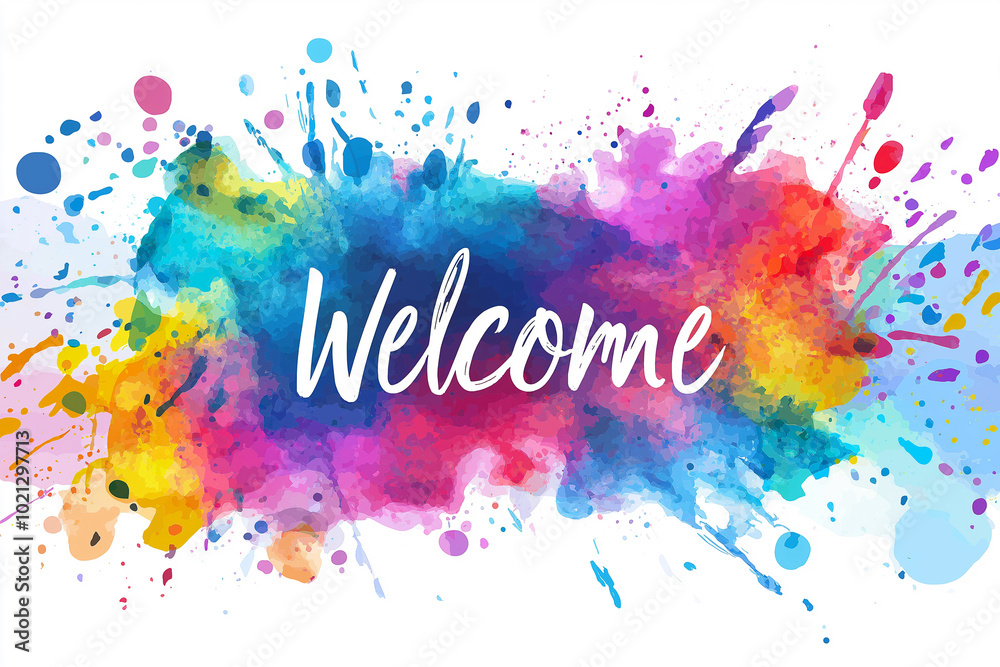 Obraz premium Welcome lettering on colorful watercolor background. Welcoming picture with inscription greeting guests at wedding. Welcome inscription sign in bright color paint splashes
