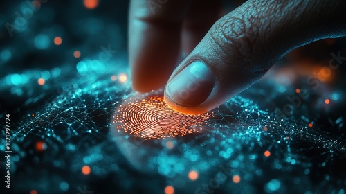 Man using thumb to scan finger print or for digital processing bio-metric identification to access security system includes internet banking, cloud system and Cyber security concept