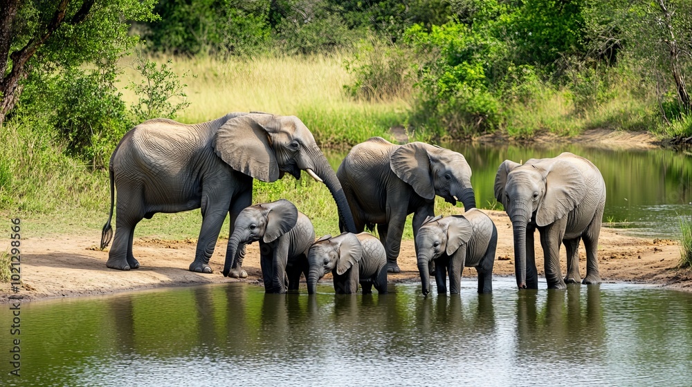 Fototapeta premium A family of adult and juvenile African elephants gathers at a water source in Kruger National Park, South Africa. The elephants are drinking water and enjoying the shade. 