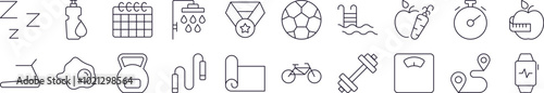 Collection of Outline Symbols of Healthy Lifestyle, Fitness, Wellness Drawn with Thin Line for apps, web sites, banners, infographics and other types of design