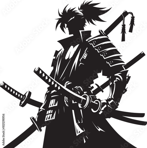 samurai warrior sward man mascot Silhouette illustration isolated on a white background