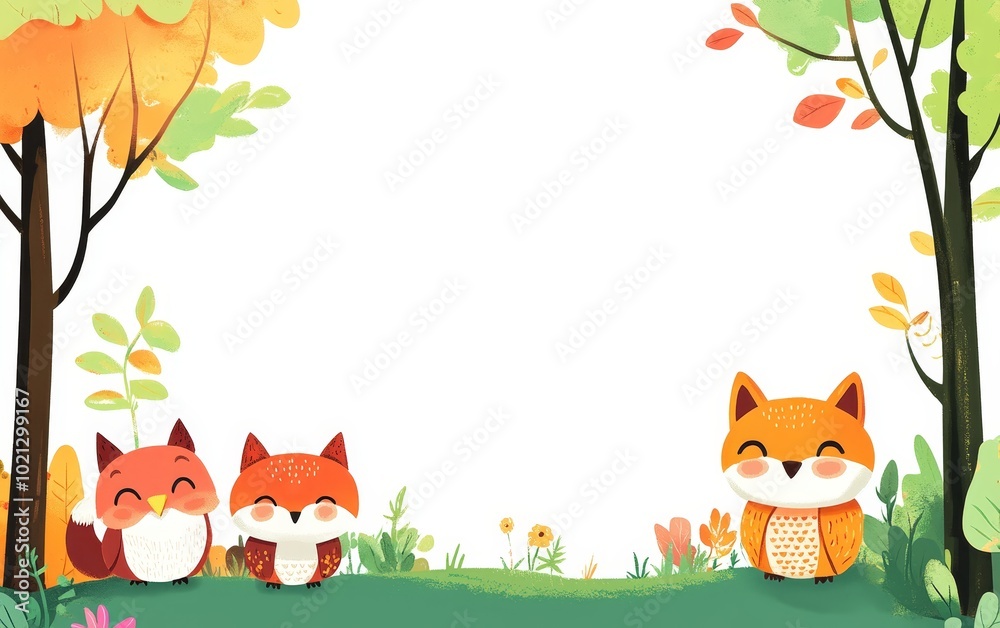 A whimsical illustration of three cute foxes in a vibrant forest setting, perfect for children's themes or nature-related projects. A whimsical illustration of three cute foxes in a vibrant forest setting, perfect for children's themes or nature-related projects.