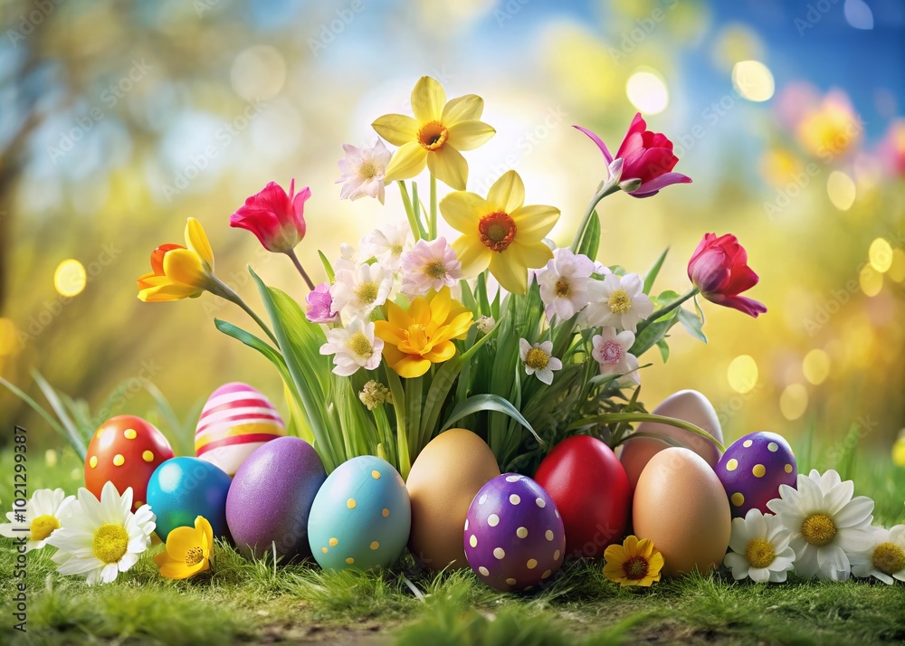 Colorful Easter eggs and spring flowers create a joyful atmosphere for celebrating the holiday season Colorful Easter eggs and spring flowers create a joyful atmosphere for celebrating the holiday season