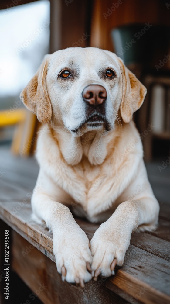 Serene dog resting on a porch, gazing thoughtfully at beautiful autumn scenery Serene dog resting on a porch, gazing thoughtfully at beautiful autumn scenery