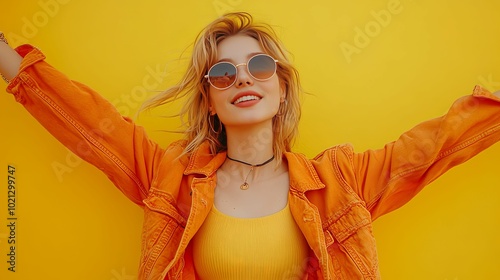 A woman in an orange denim jacket against a yellow background, looking up, arms outstretched photo