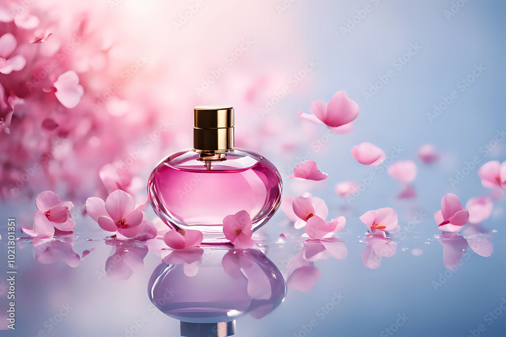 Elegant clear glass perfume bottle on gradient pink and blue background with pink flower petals. Fragrance mockup with copy space - Generative AI Elegant clear glass perfume bottle on gradient pink and blue background with pink flower petals. Fragrance mockup with copy space - Generative AI