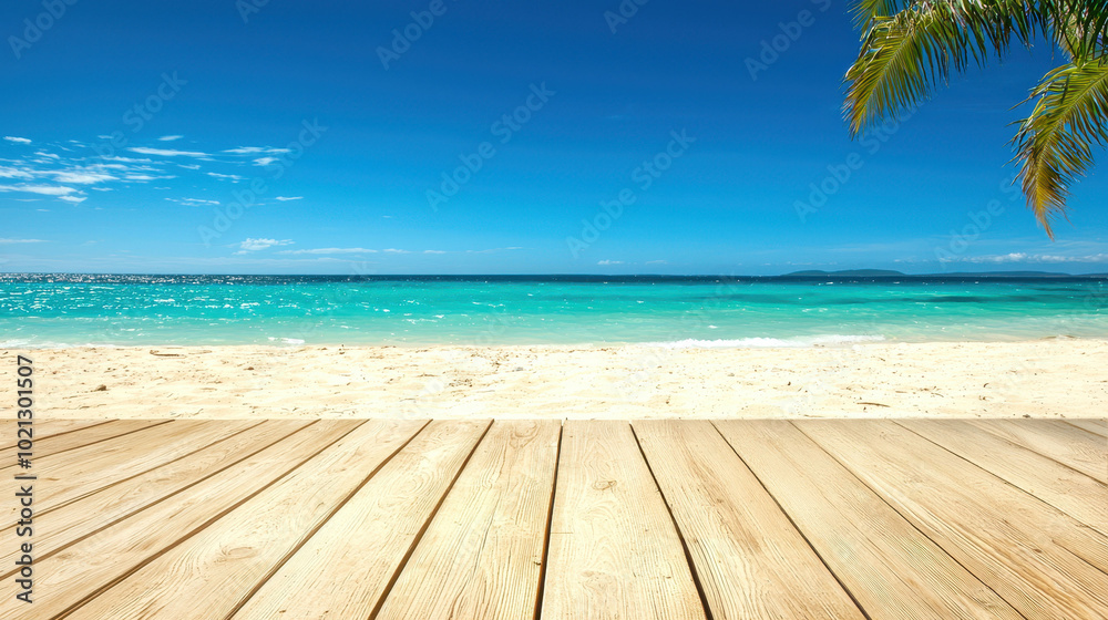 Tropical beach scene with clear blue waters and a wooden welcome sign on sunlit wooden deck. Tropical beach scene with clear blue waters and a wooden welcome sign on sunlit wooden deck.