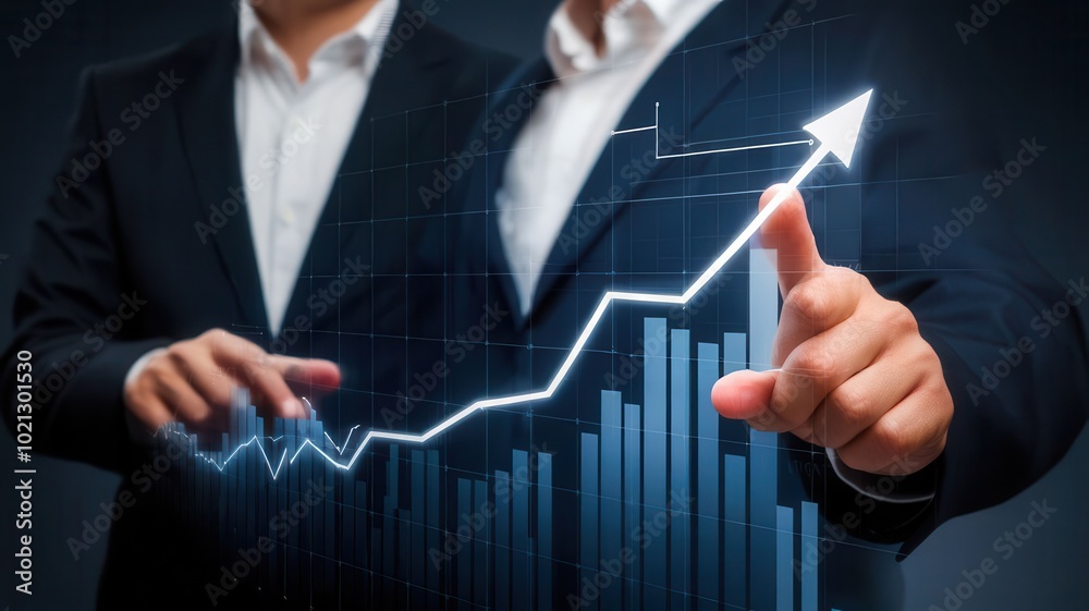 Two professionals analyzing a financial graph pointing upwards, representing growth and success in business. Two professionals analyzing a financial graph pointing upwards, representing growth and success in business.