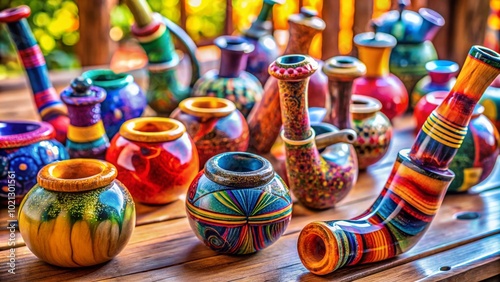 Colorful handcrafted pot pipes displayed on a wooden table with natural light and vibrant backgrounds