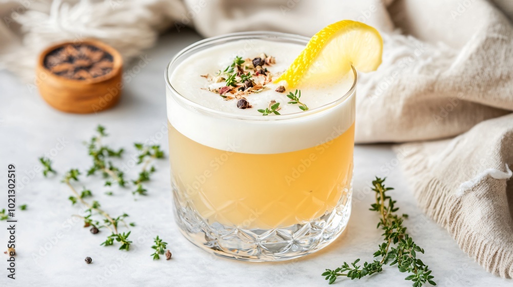 Amaretto Sour cocktail with a lemon peel garnish, isolated on a light gray background with decorative cocktail napkins and herbs Amaretto Sour cocktail with a lemon peel garnish, isolated on a light gray background with decorative cocktail napkins and herbs