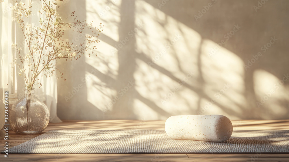 Faszienrolle und Massageball auf einer Yoga-Matte im morgendlichen Sonnenlicht - Konzept Fitness und Entspannung zu Hause