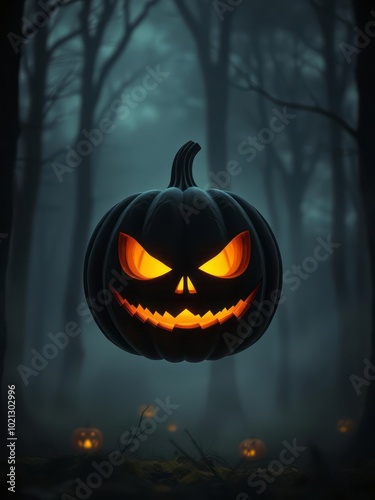 A black evil jack o' lantern glows in the fog of a haunted halloween night a sinister scary looking pumpkin in a forest copyspace for custom message halloween backdrop photo