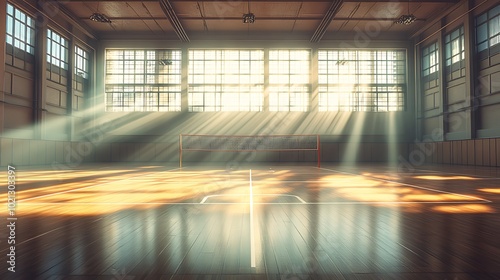 A serene sports hall illuminated by sunlight, showcasing wooden floors and expansive windows, creating a tranquil atmosphere. photo