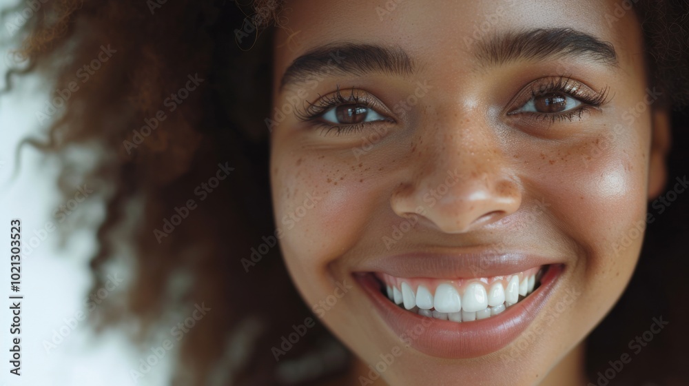 Smiling Woman with Curly Hair and Freckles - Portrait of Authentic Beauty Smiling Woman with Curly Hair and Freckles - Portrait of Authentic Beauty