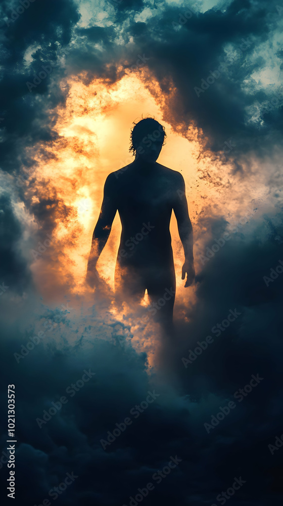 Obraz premium A Silhouette of a Man Emerging from a Glowing Cloud with a Dramatic Sky in the Background