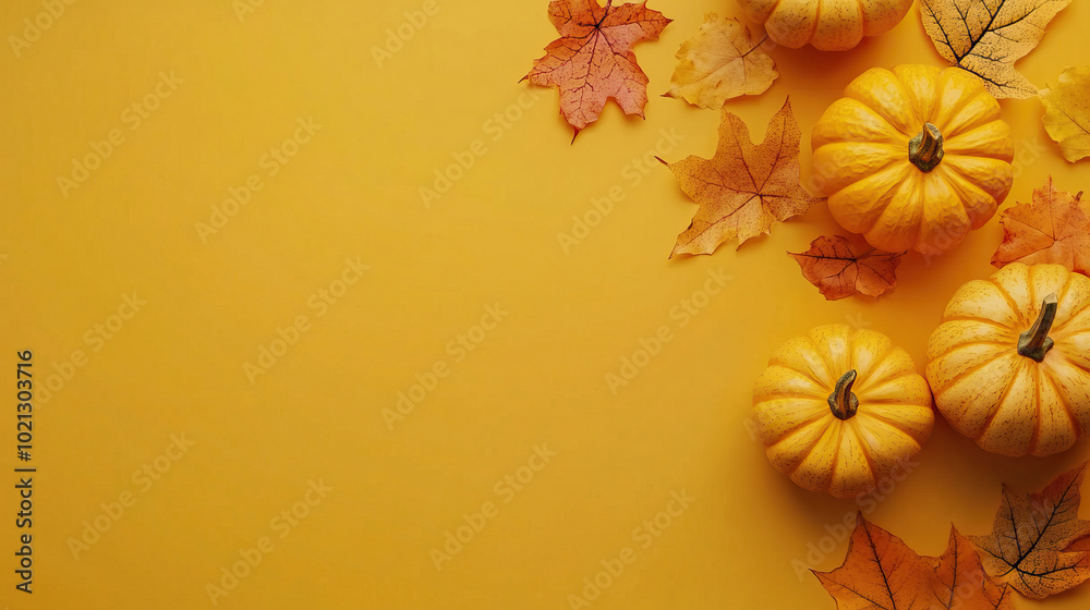 Obraz premium Autumn Season with Pumpkins and Colorful Leaves Set Against a Bright Yellow Background